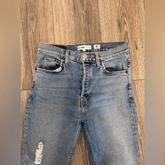 Re/Done Hi Rise Ankle Crop Stretch Distressed Straight Jeans Size 27 90s Wash - Picture 3 of 8